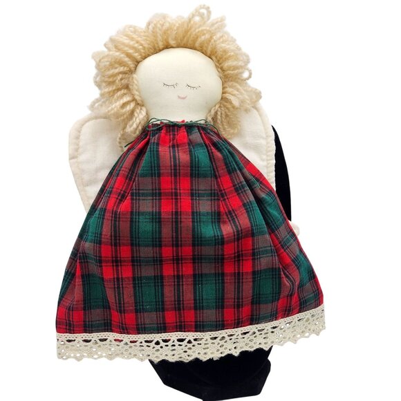 Vintage Handmade Angel Cloth Doll With Green Red Plaid Dress Lace Trim Christmas - Picture 1 of 9